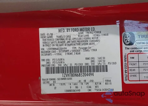 2008 Ford Mustang V6 Deluxe/V6 Premium z USA, uszkodzony, nr VIN 1ZVHT80N685204494